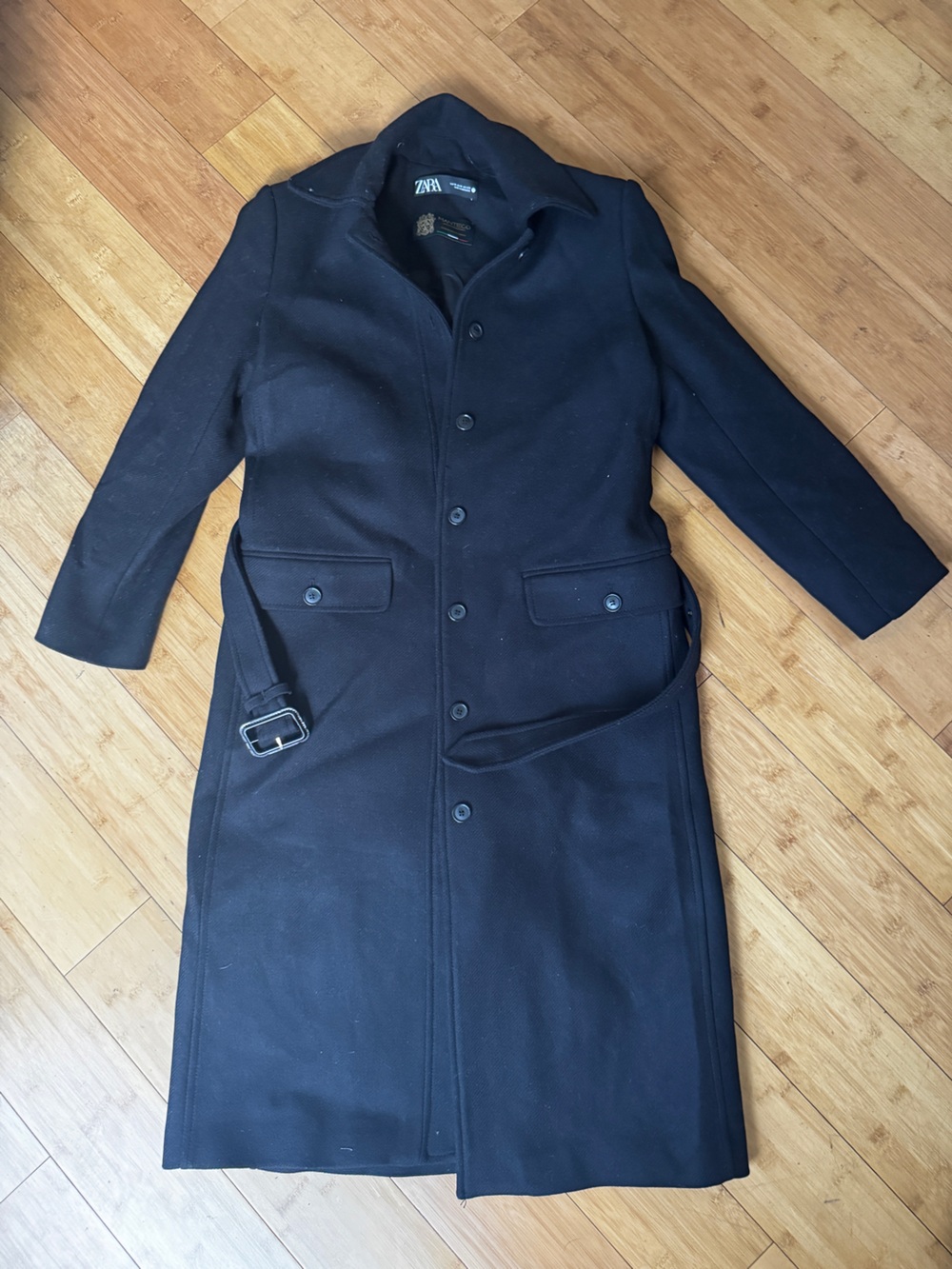 Zara Black Wool Belted Coat with Rectangular Buckle Size M